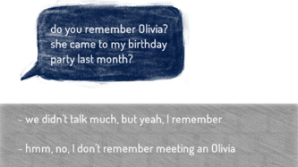 Screenshot of A Thousand Cuts. A text message says 'do you remember Olivia? she came to my birthday party last month? and two optional responses are shown below: 'we didn't talk much, but yeah, I remember' and 'hmm, no, I don't remember meeting an Olivia.
