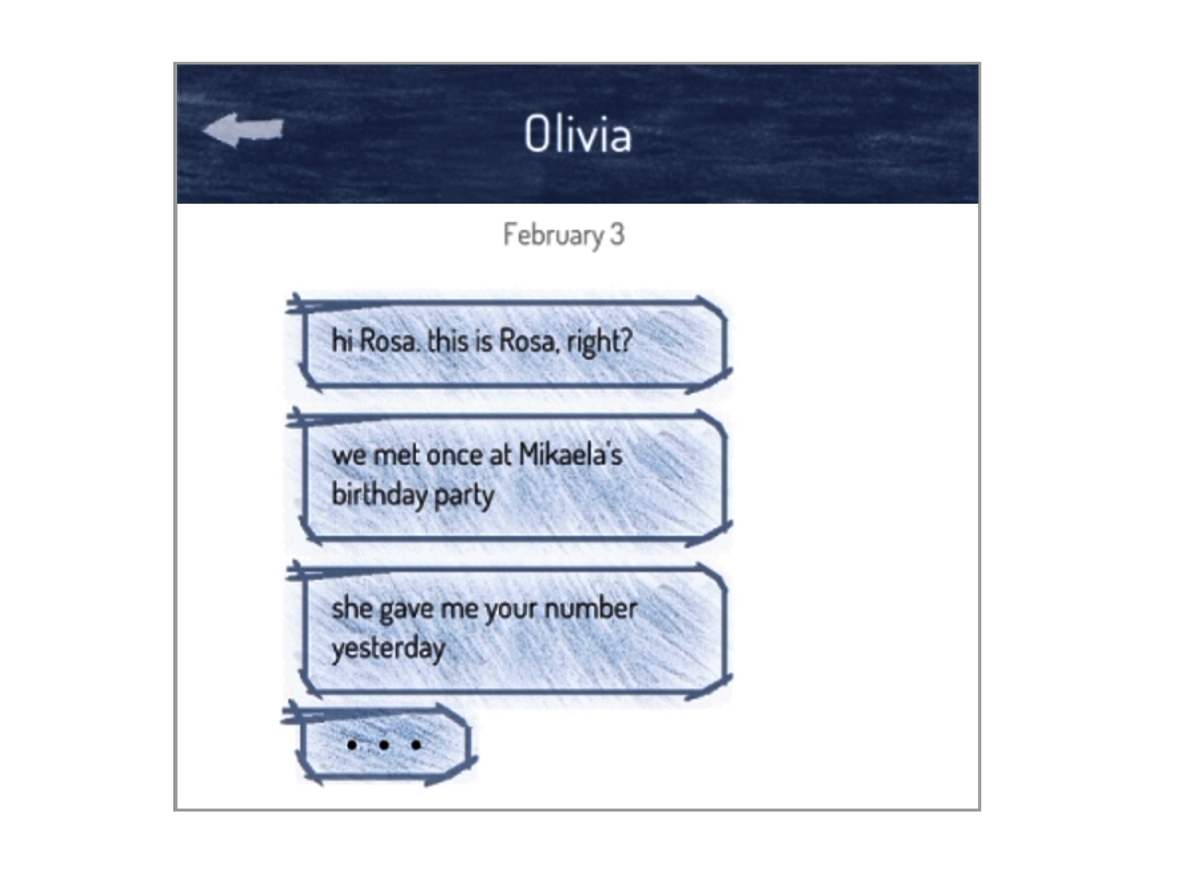 Screenshot from A Thousand Cuts showing SMS messages from Olivia.